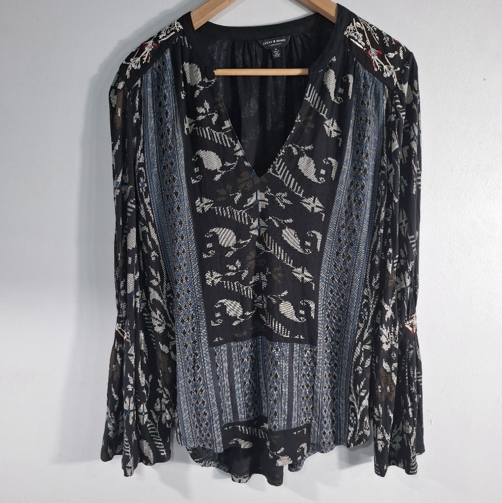 Lucky Brand Women's M Boho Tunic Long Flared Sleeve V Neck Embroidered